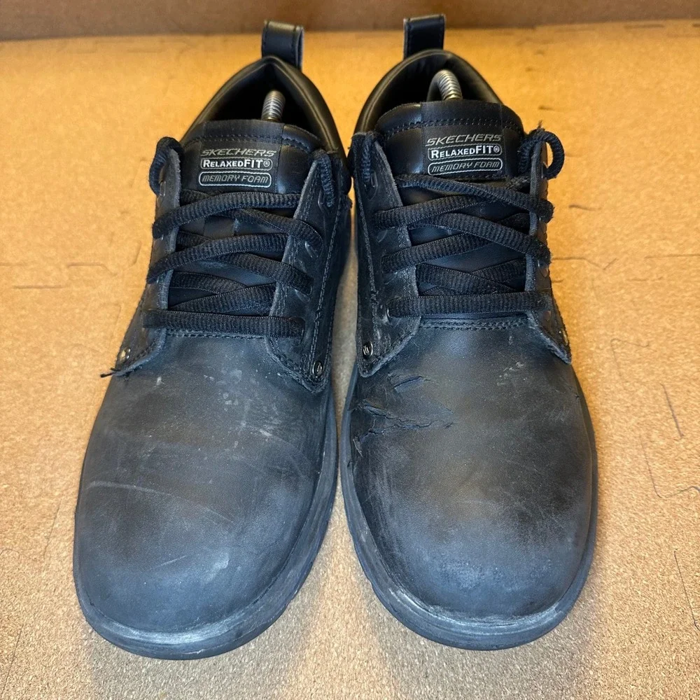 Skechers Relaxed Fit Memory Foam Black Leather‎ Work Shoes Mens 9.5 SN 64260